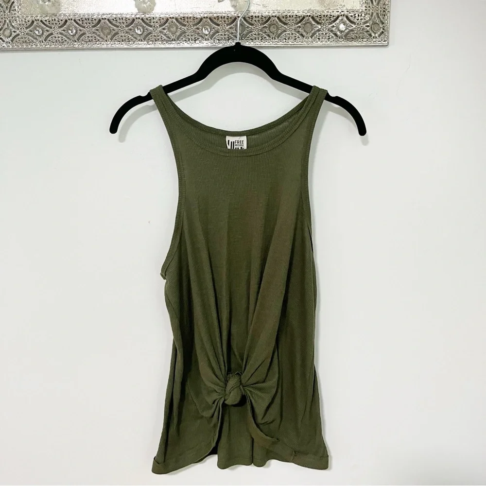 Free People Olive Green Ribbed Knot Tank Top